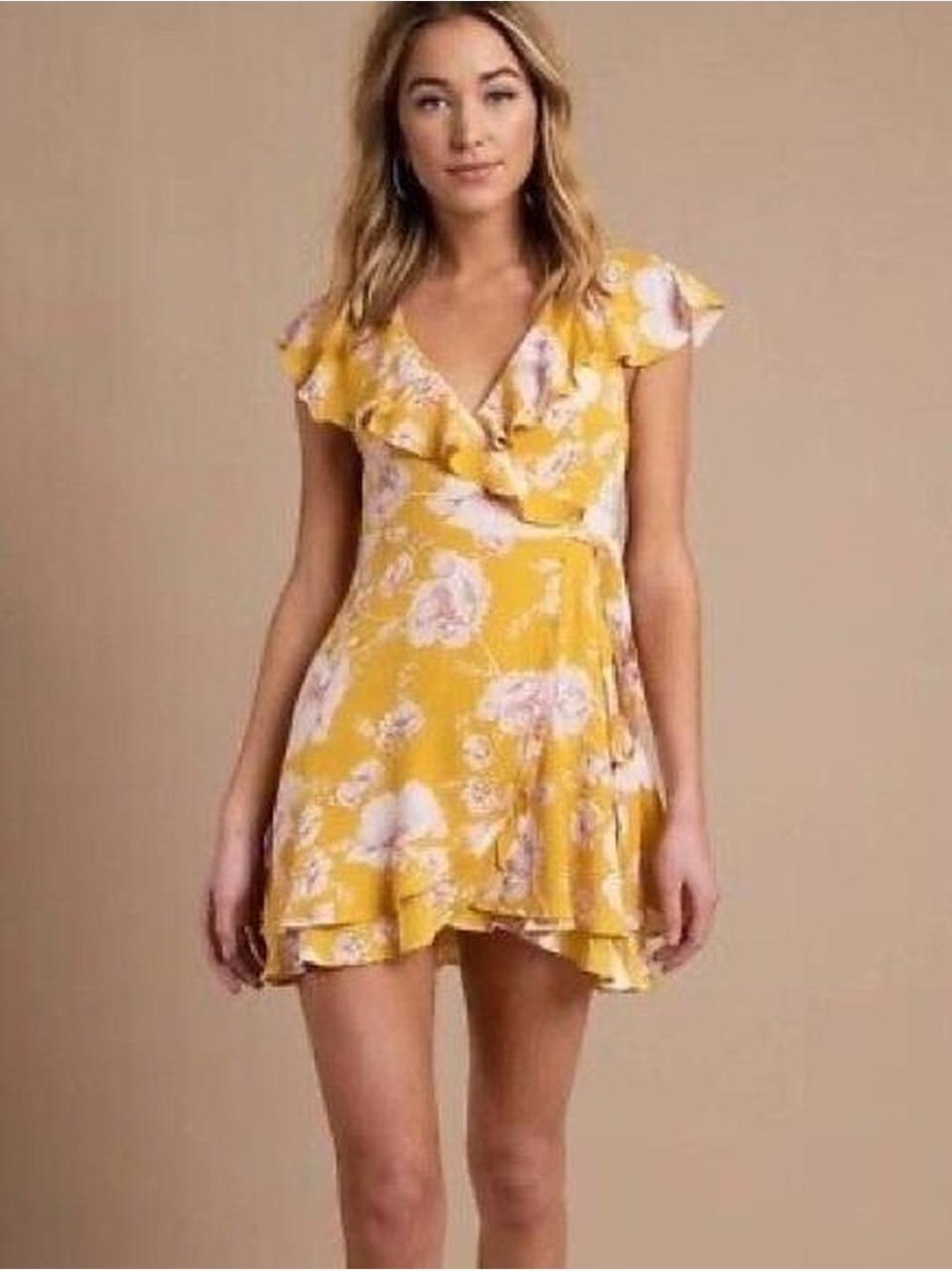 Free People Yellow Floral Ruffle Wrap Mini Dress